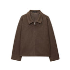 Women Boxy Wool Blend Blouson Jacket with Zipper and Shirt Collar Fashion Glam