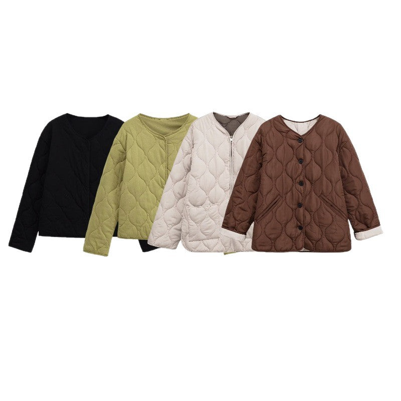 Women's quilted jacket with round quilting, button placket and V-neck Fashion Glam