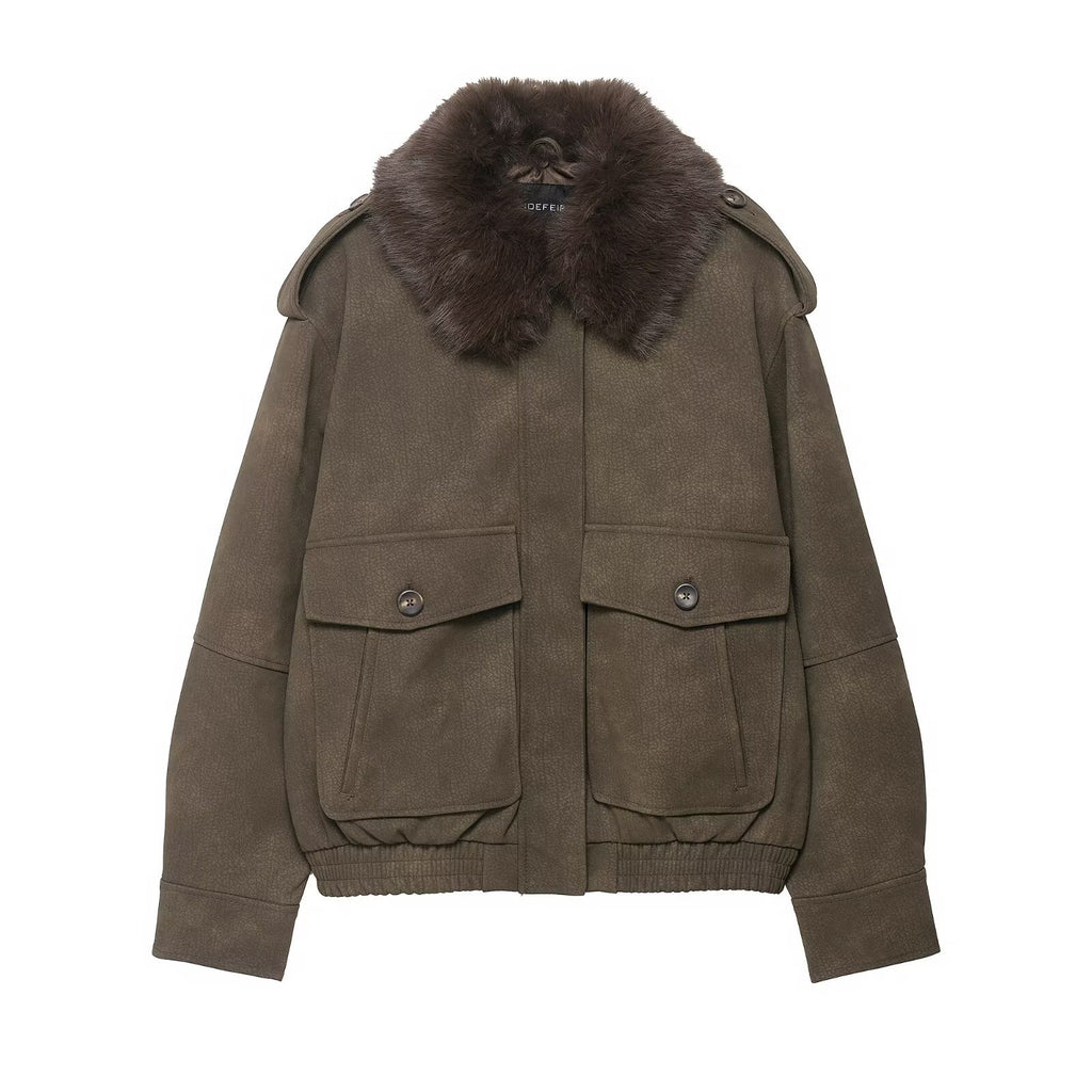 Women's short jacket in pilot bomber style with faux fur shawl collar Fashion Glam