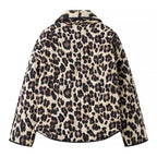 Women’s oversized quilted puffer jacket with leopard pattern and wide shawl collar Fashion Glam