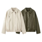 Women's Oversized Faux Leather Bomber Jacket with Elastic Hem, Concealed Snap Placket, and Asymmetric Zipper Pocket Fashion Glam