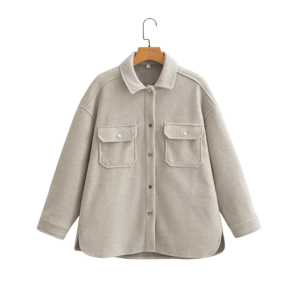 Women's Oversize Shirt Jacket in Shacket Look with Patch Chest Pockets Fashion Glam