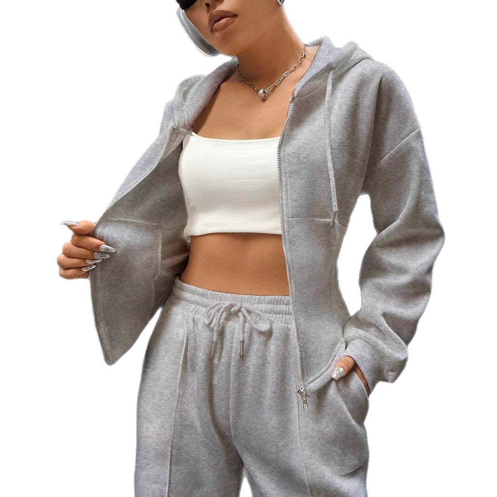 Women’s loungewear set with fitted hooded jacket and loose fleece jogging pants Fashion Glam