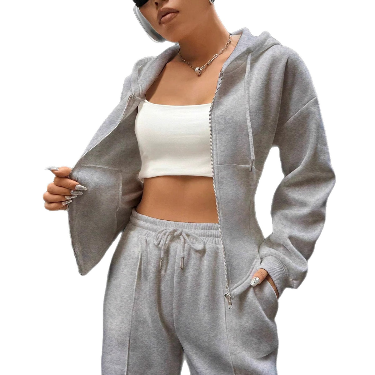 Women’s loungewear set with fitted hooded jacket and loose fleece jogging pants Fashion Glam