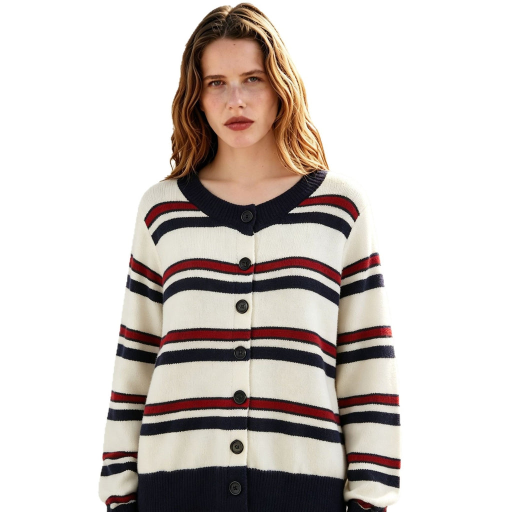 Ladies Striped Cardigan with Button Placket and Ribbed Hem Fashion Glam