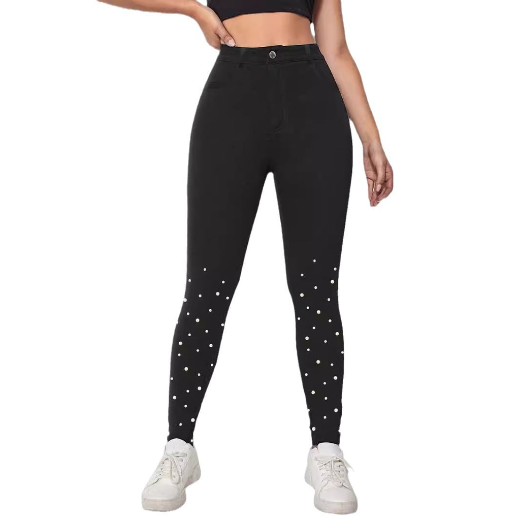 Women's High-Waist Stretch-Jeggings in Denim Look with Pearl Scatter Fashion Glam