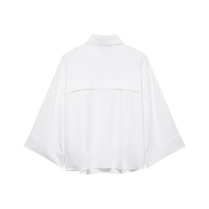 Women's Oversized Shirt Jacket with Three-Quarter Kimono Sleeves and Patch Pockets Fashion Glam