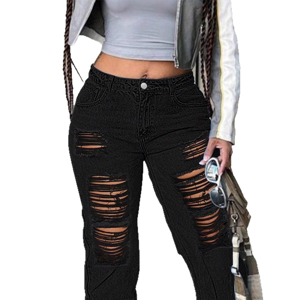 Women wide Destroyed-Denim-Jeans with high waist and strong Ripped-look Fashion Glam