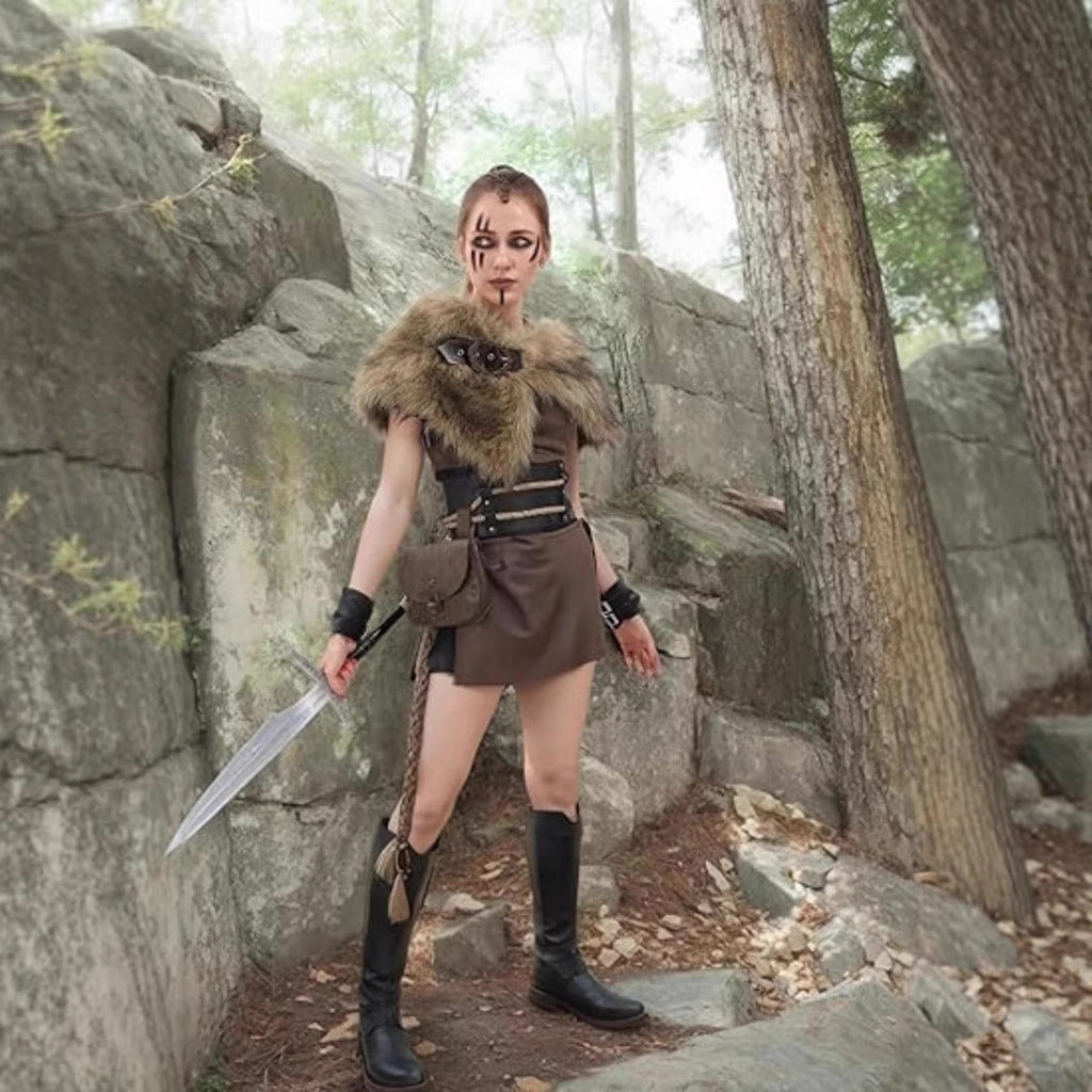 Women Viking-inspired fantasy costume with faux fur shoulder cape, waist belt, and leather bag Fashion Glam