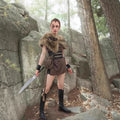 Women Viking-inspired fantasy costume with faux fur shoulder cape, waist belt, and leather bag Fashion Glam