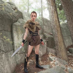 Women Viking-inspired fantasy costume with faux fur shoulder cape, waist belt, and leather bag Fashion Glam