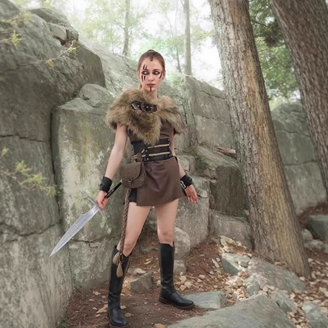 Women Viking-inspired fantasy costume with faux fur shoulder cape, waist belt, and leather bag Fashion Glam