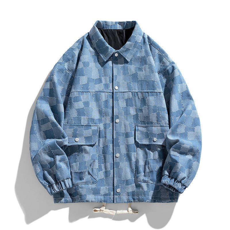 Men's oversized checkered denim jacket with snap buttons, flap pockets, and drawstring Fashion Glam