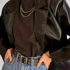 Women Oversized Blazer in Leather Look with Structured Shoulders Fashion Glam