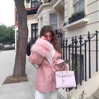 Women's short coat with shawl collar, tie belt and striking faux fur cuffs Fashion Glam