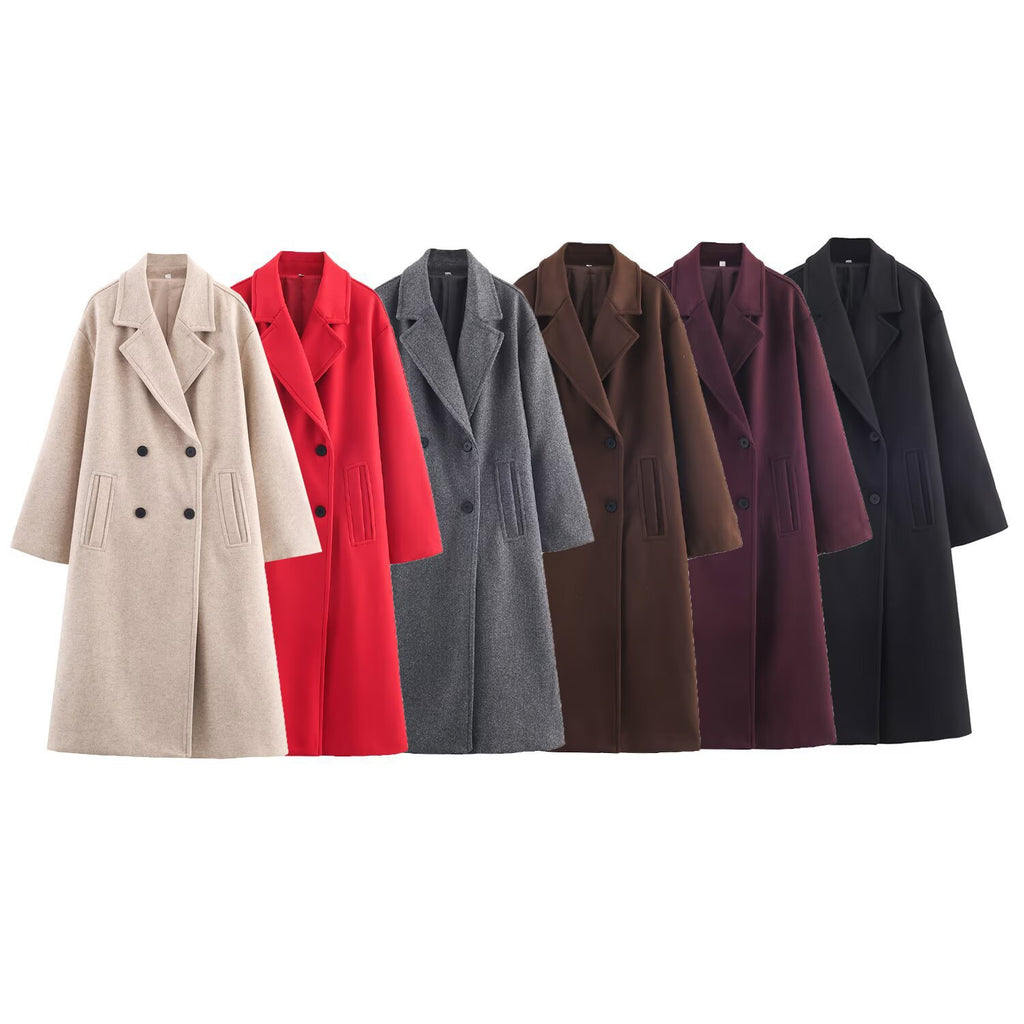 Women's Double-Breasted Oversized Coat with Notched Lapels and In-seam Pockets Fashion Glam