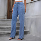 Women's High-Waist Wide-Leg Denim Jeans with Sparkling Pearl Scatter and Straight Leg Fashion Glam