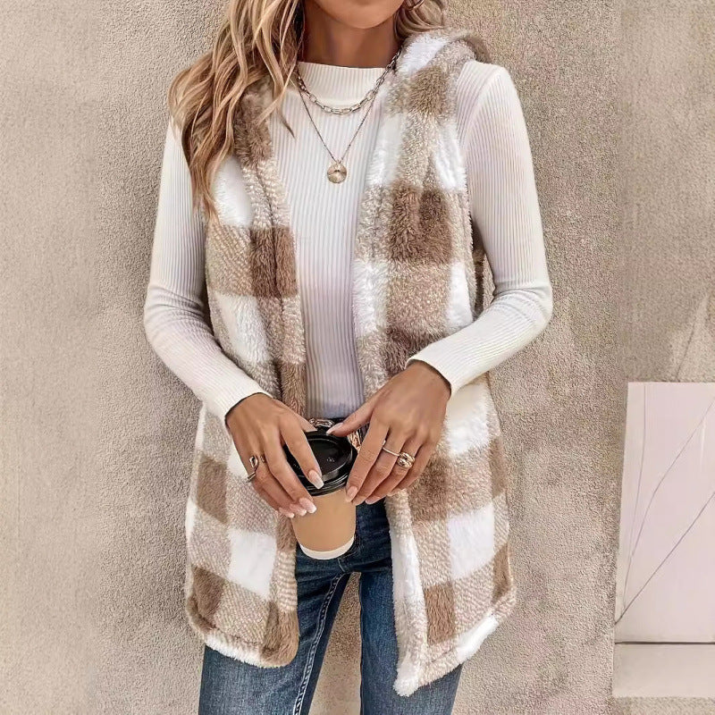 Women Sleeveless Teddy Vest with Hood and Check Pattern Fashion Glam