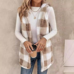 Women Sleeveless Teddy Vest with Hood and Check Pattern Fashion Glam
