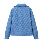 Women Short Quilted Jacket with Ruffled Collar, Ties and Patch Pockets Fashion Glam