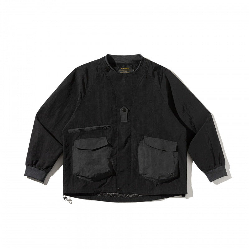 Unisex Short Cut Boxy Utility Over Jacket with Raglan Sleeves, Patch Pockets and Drawstring Hem Fashion Glam