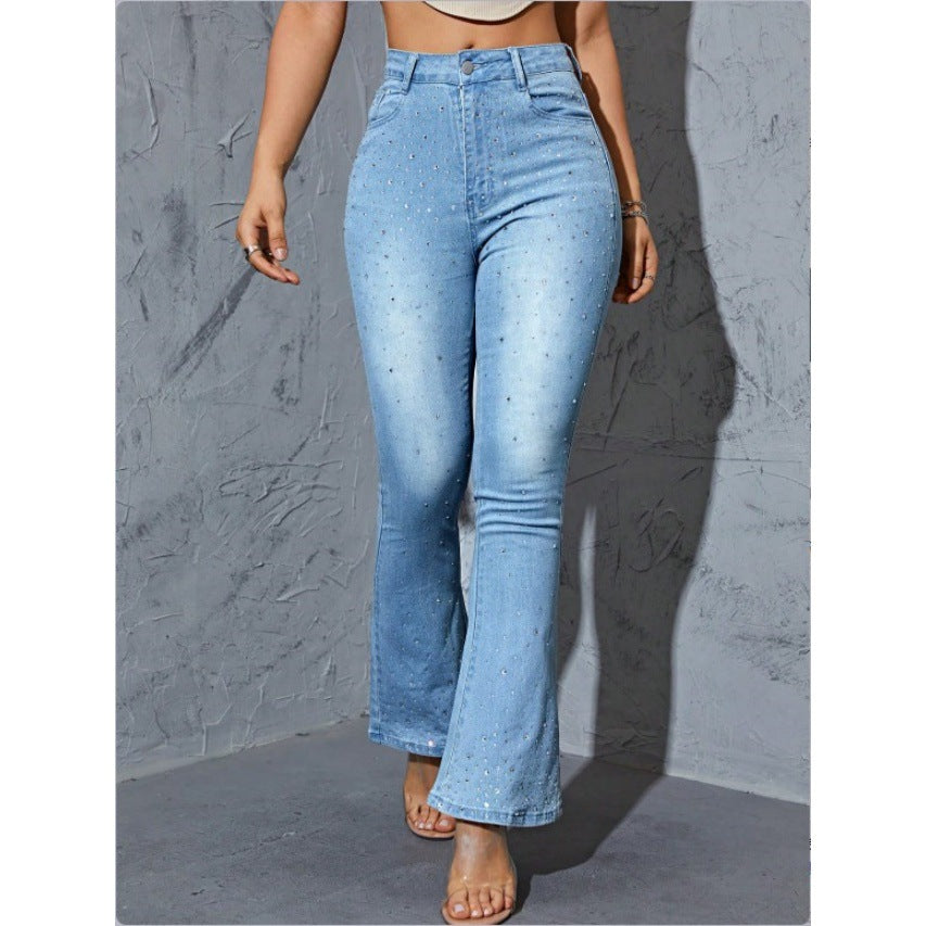 Women's High-waisted Flared Jeans with Pearl Embellishment and Sculpting Stretch waistband Fashion Glam