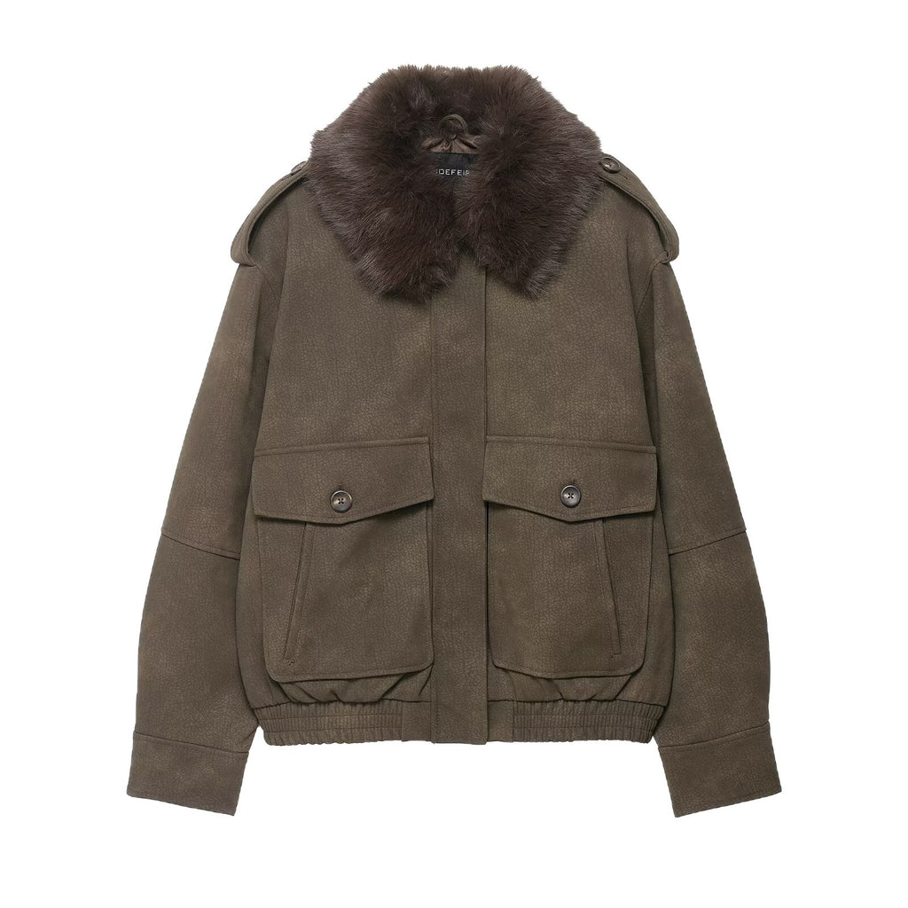 Women's short jacket in pilot bomber style with faux fur shawl collar Fashion Glam
