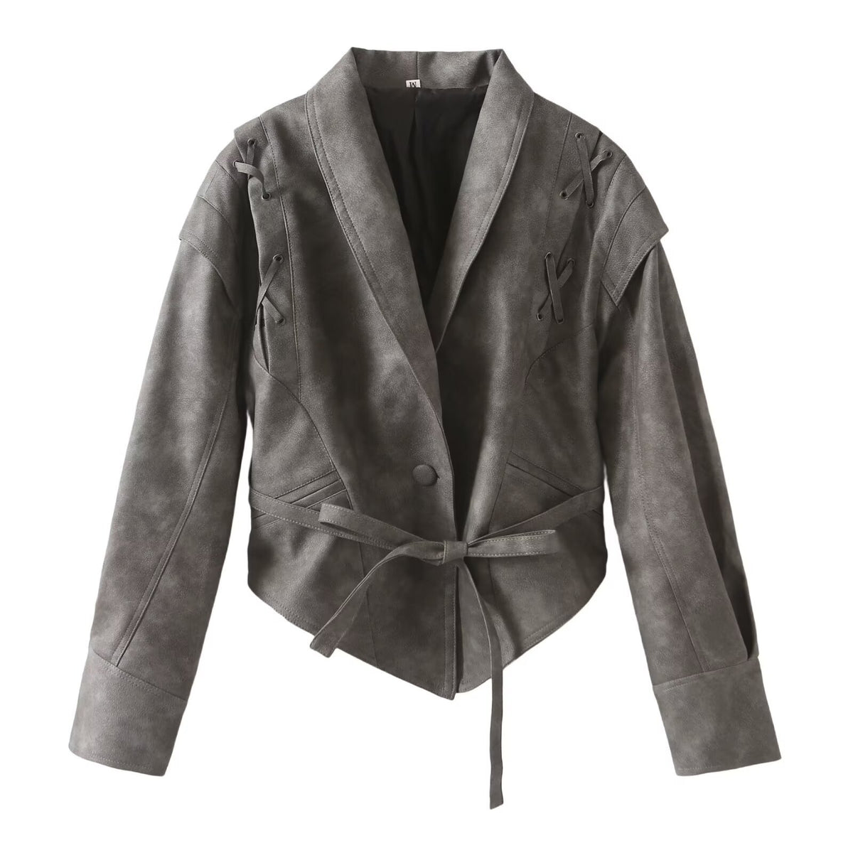 Women's short jacket in suede look with shawl collar, lacing details and waist belt Fashion Glam