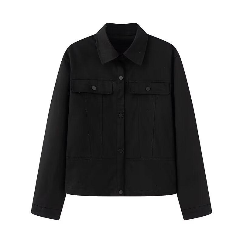 Women Short Cut Boxy Overshirt Jacket in Vegan Leather Look with Flap Pockets and Snap Button Closure Fashion Glam