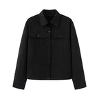Women Short Cut Boxy Overshirt Jacket in Vegan Leather Look with Flap Pockets and Snap Button Closure Fashion Glam