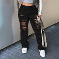 Women wide Destroyed-Denim-Jeans with high waist and strong Ripped-look Fashion Glam