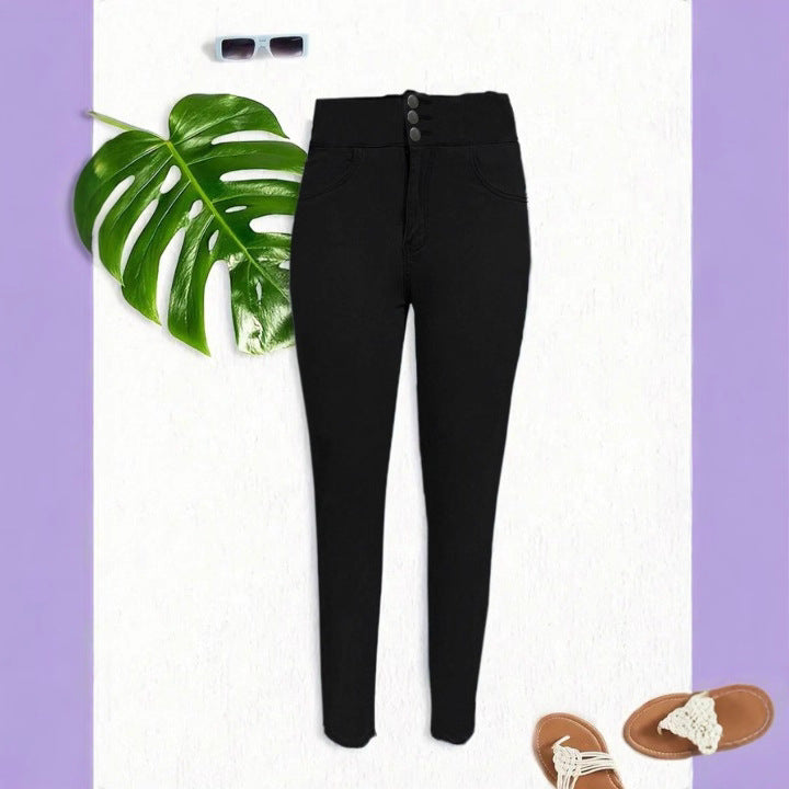 Women high-waisted shaping skinny jeans leggings with double button waistband Fashion Glam