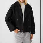 Women's Short Double-Breasted Wool Blend Peacoat with Oversized Lapels Fashion Glam