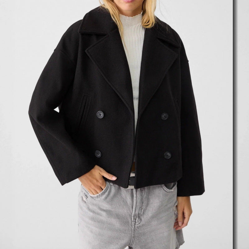 Women's Short Double-Breasted Wool Blend Peacoat with Oversized Lapels Fashion Glam