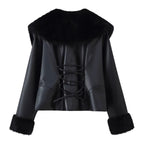 Women's short jacket made of synthetic leather with voluminous faux fur collar and fur cuffs Fashion Glam