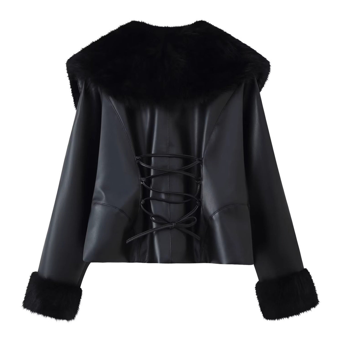 Women's short jacket made of synthetic leather with voluminous faux fur collar and fur cuffs Fashion Glam