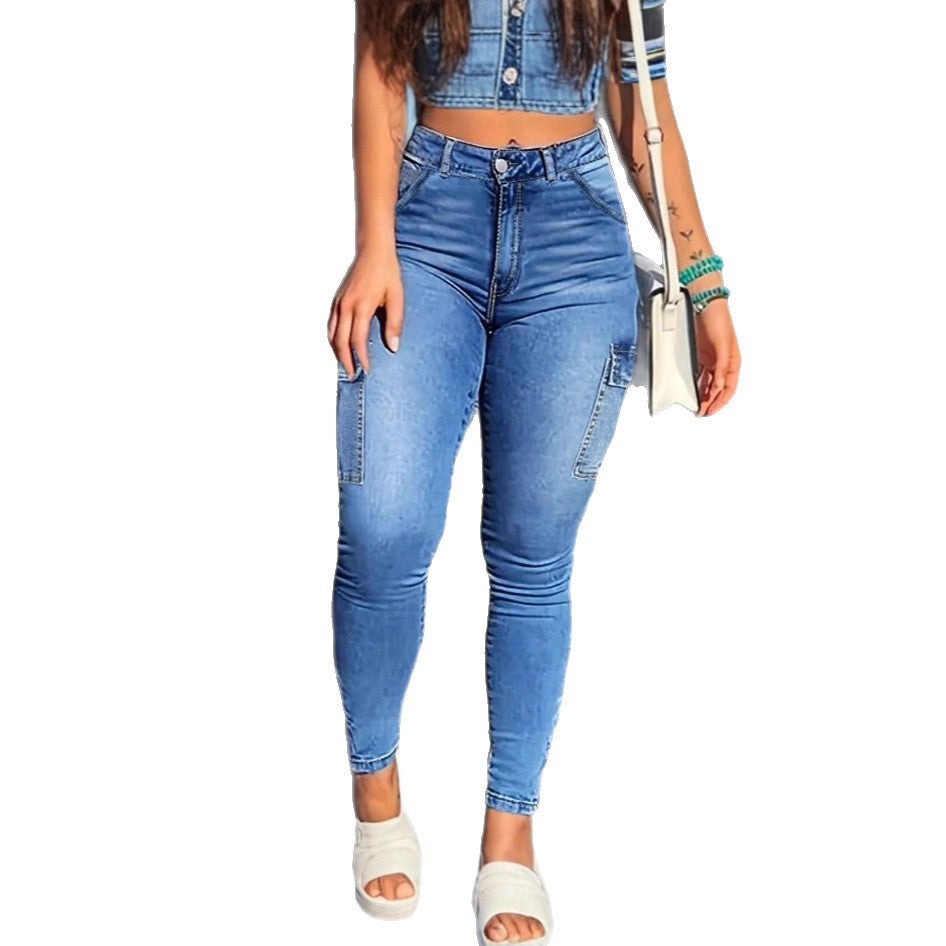 Women's high-waisted shaping skinny jeans with cargo pockets and super stretch denim Fashion Glam