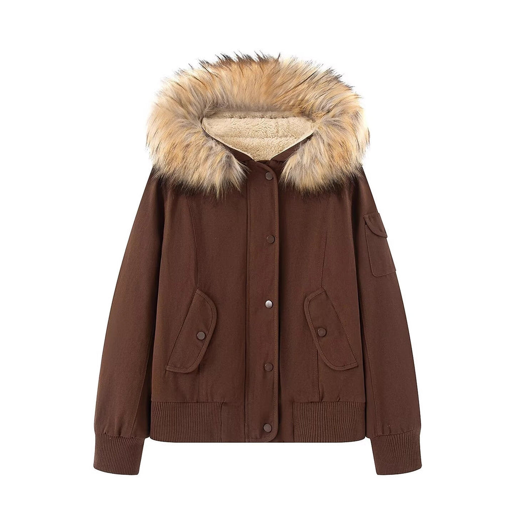 Women's Padded Bomber Jacket with Hood and Removable Faux Fur Collar Fashion Glam