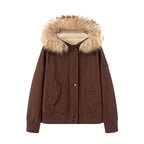 Women's Padded Bomber Jacket with Hood and Removable Faux Fur Collar Fashion Glam