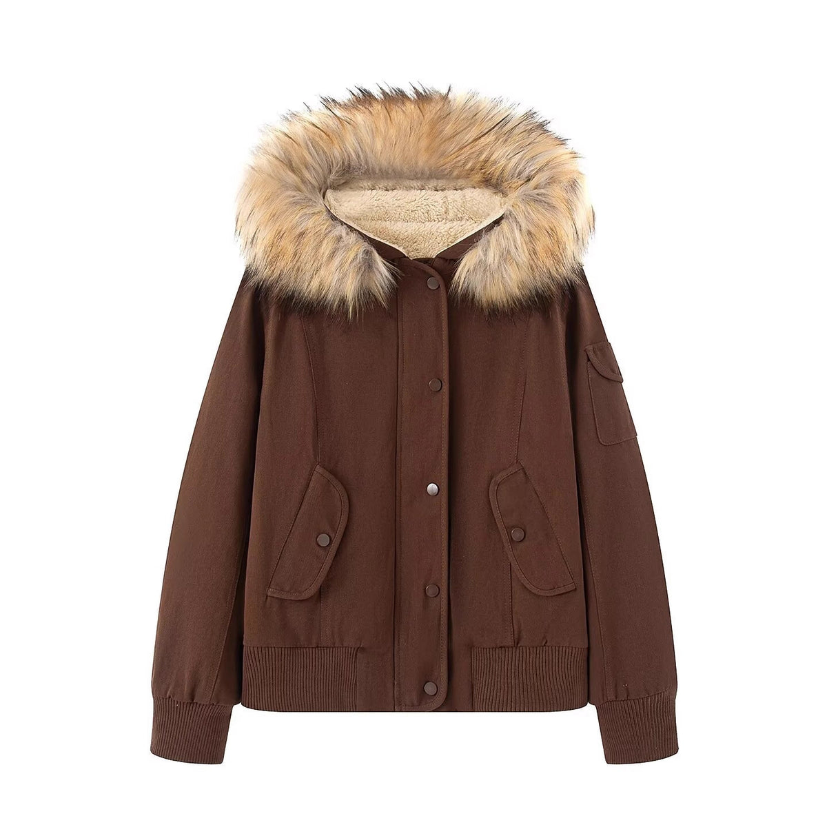 Women's Padded Bomber Jacket with Hood and Removable Faux Fur Collar Fashion Glam