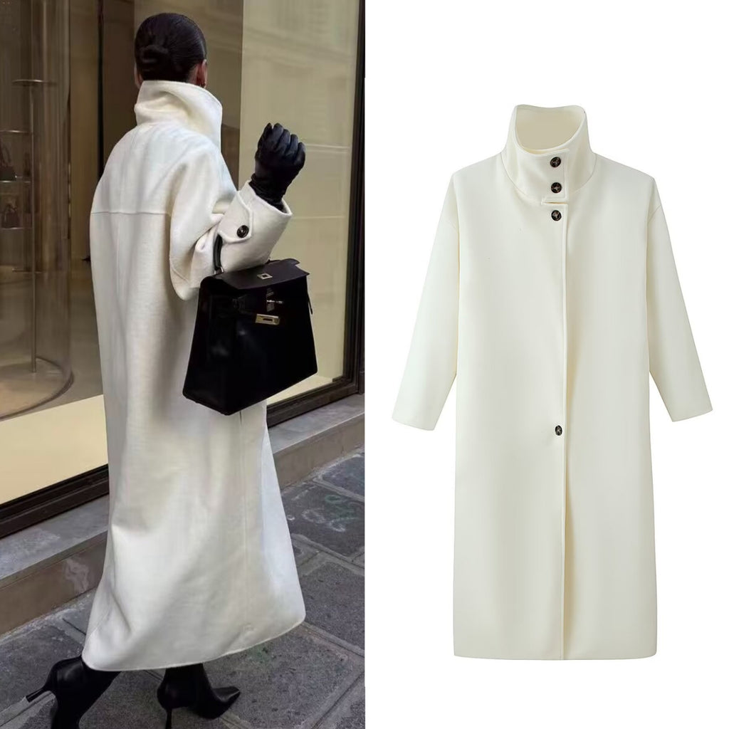 Women's Straight Midi-Length Coat with High Stand-Up Collar and Concealed Button Placket Fashion Glam