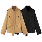 Women's Short Jacket in Utility Style with Waist Belt and Flap Pockets Fashion Glam