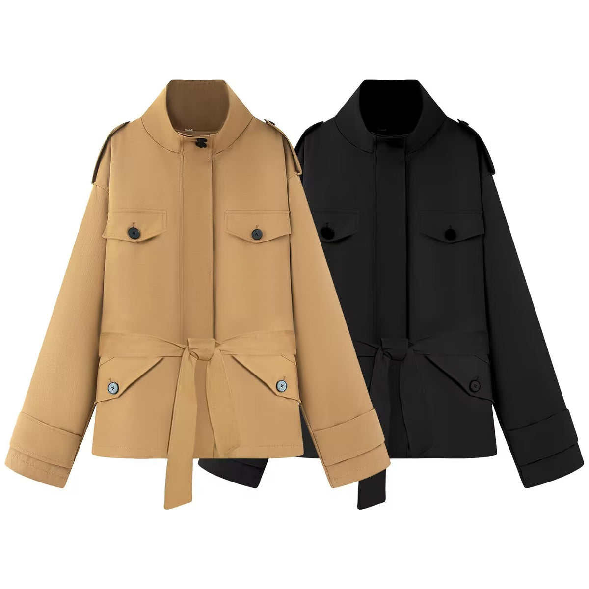 Women's Short Jacket in Utility Style with Waist Belt and Flap Pockets Fashion Glam