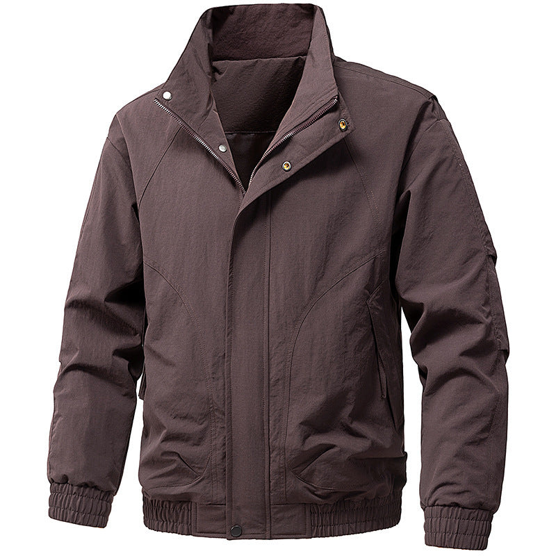 Men's Windproof Utility Bomber Jacket with Stand Collar, Elastic Cuffs, and Concealed Zipper Fashion Glam