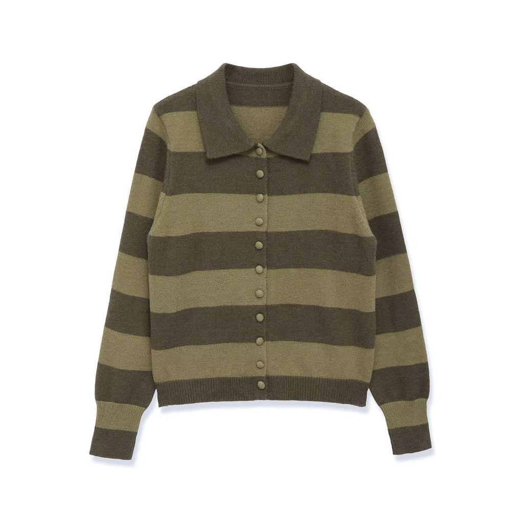 Women's Striped Cardigan with Polo Collar and Button Placket Fashion Glam