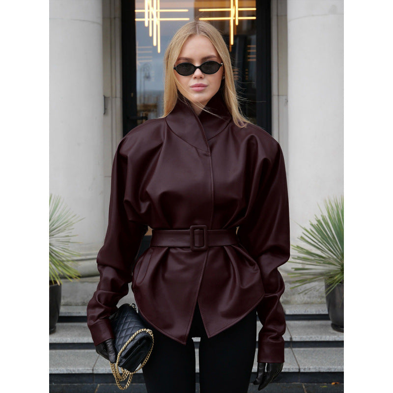Women's leather look jacket with fitted belt and high stand-up collar Fashion Glam