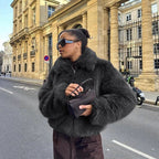 Women Short Boxy Faux Fur Pilot Jacket with Dense High Pile and Wide Lapel Fashion Glam