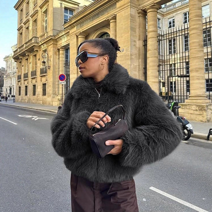 Women Short Boxy Faux Fur Pilot Jacket with Dense High Pile and Wide Lapel Fashion Glam