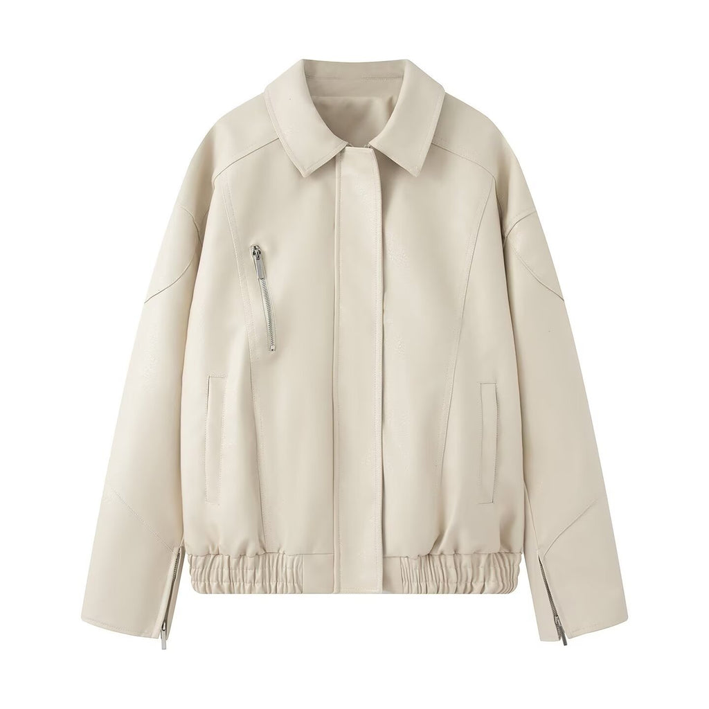 Women's Oversized Faux Leather Bomber Jacket with Elastic Hem, Concealed Snap Placket, and Asymmetric Zipper Pocket Fashion Glam