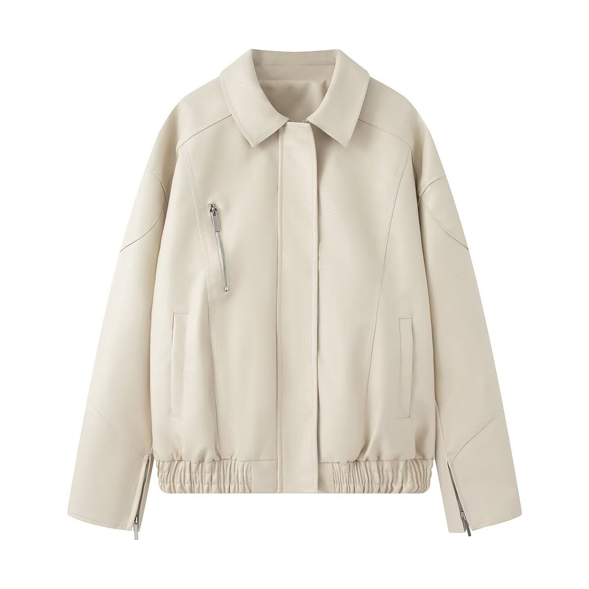 Women's Oversized Faux Leather Bomber Jacket with Elastic Hem, Concealed Snap Placket, and Asymmetric Zipper Pocket Fashion Glam